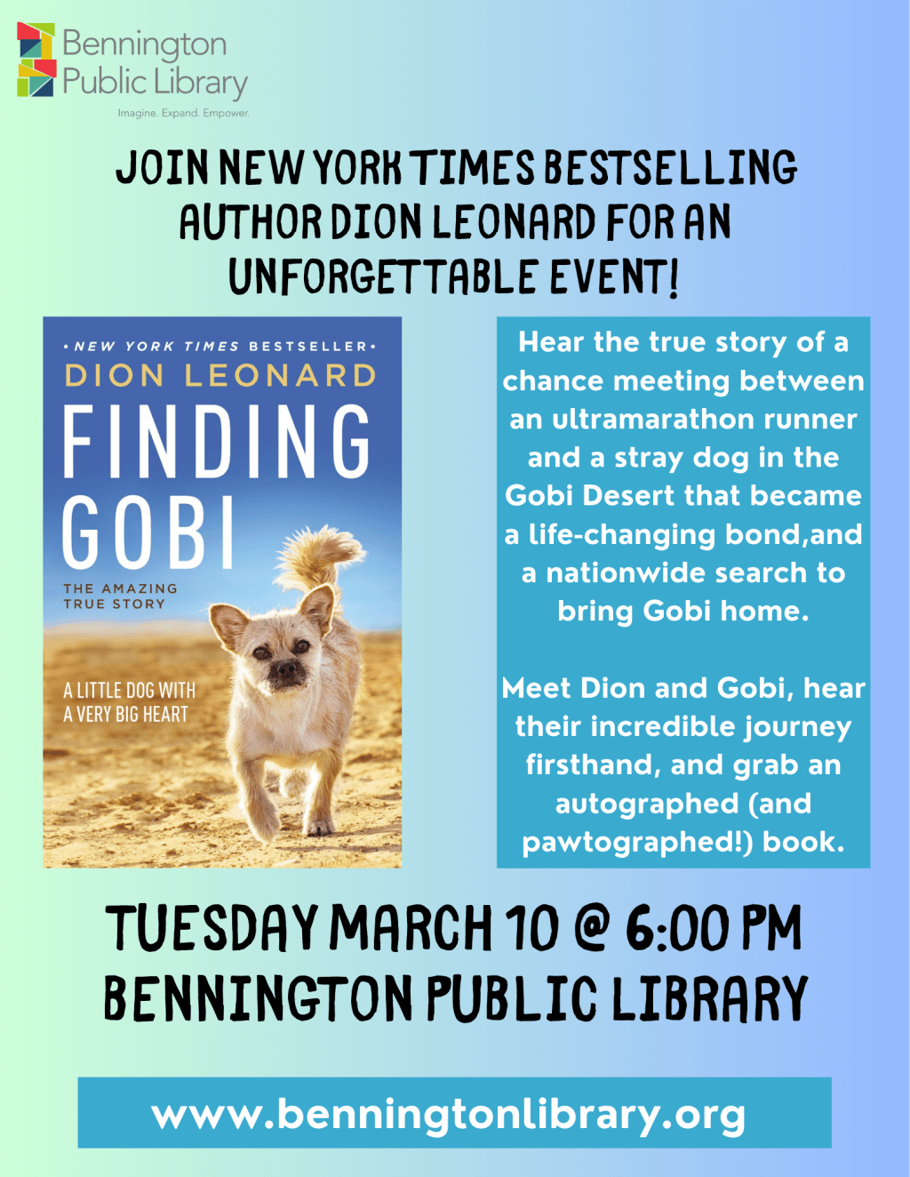 Author and Famous Canine Companion Gobi to Visit Bennington Public Library This&nbsp;Week