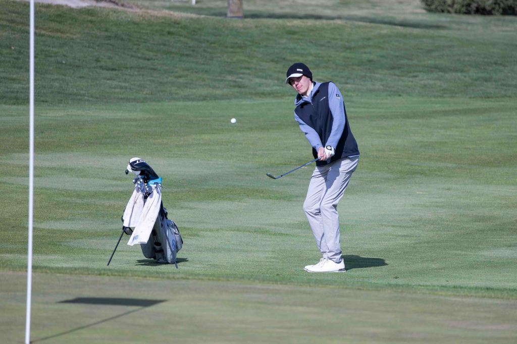 A golfer in a gray polo and cap is preparing to hit a chip shot towards the green, with a golf bag nearby and a flagpole in view.