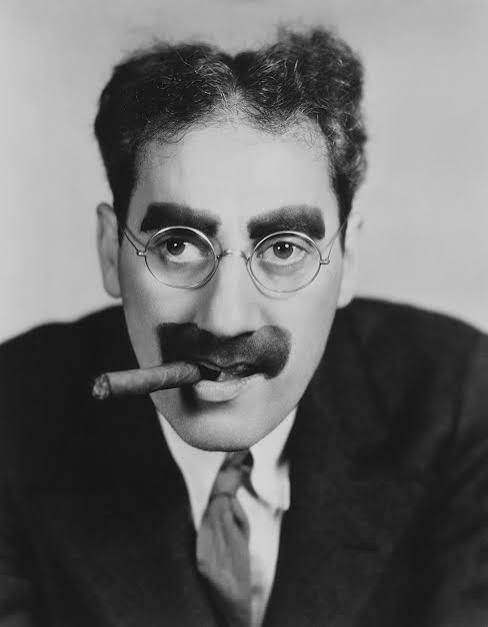 A black and white portrait of a man with a prominent mustache, thick eyebrows, and round glasses, holding a cigar in his mouth, wearing a suit.