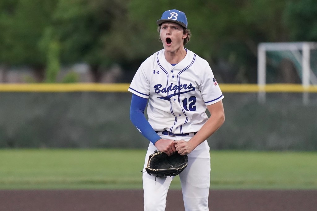 A young baseball player wearing a white jersey and blue cap is celebrating emphatically on the field, showing excitement with a clenched fist and open mouth, indicating a moment of achievement or victory.