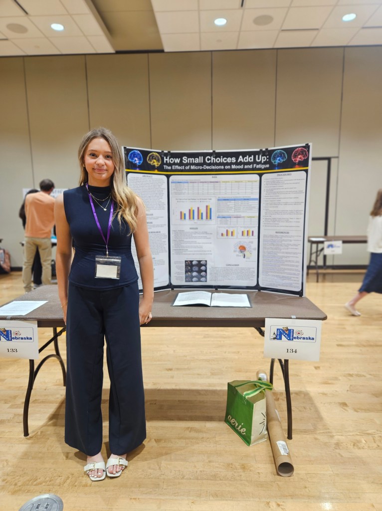 A student presenting a research project titled 'How Small Choices Add Up' at an academic event, standing next to a display board with graphs and information on the effects of micro-decisions on mood and fatigue.