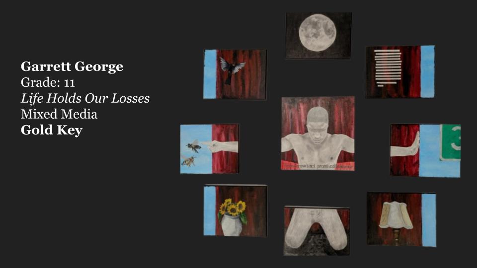 A mixed media artwork titled 'Life Holds Our Losses' by Garrett George, featuring a central figure with outstretched arms surrounded by various smaller images, including a moon, flowers, and abstract designs, displayed in a grid layout.