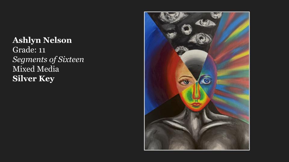 A mixed media artwork titled 'Segments of Sixteen' by Ashlyn Nelson, featuring a stylized human figure with a variety of colors and geometric shapes in the background, showcasing an artistic representation of duality and perception.