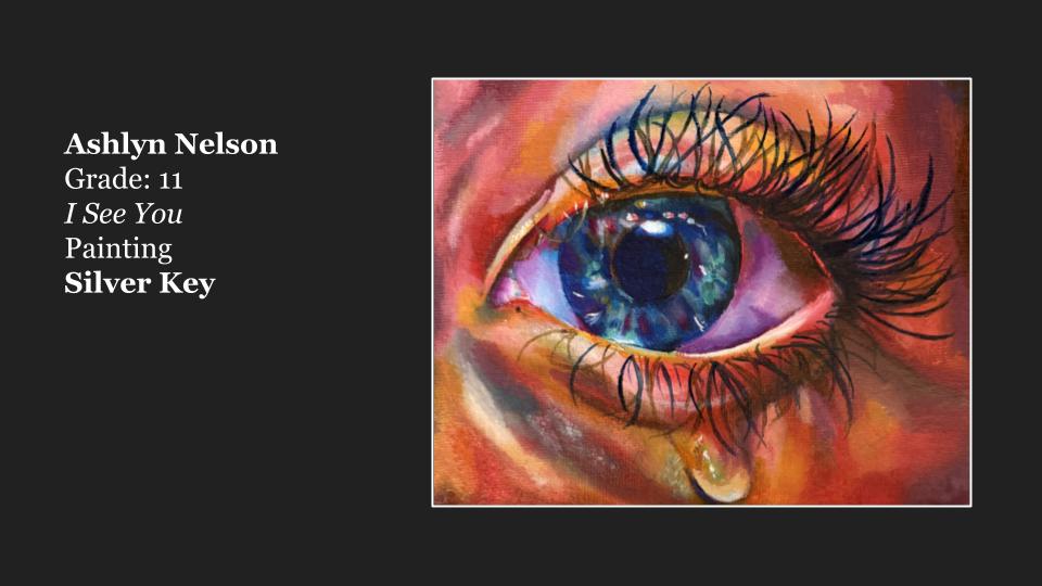 Close-up of a beautifully painted human eye with vibrant blue iris and long eyelashes, featuring a tear dropping down, set against a warm, colorful background.