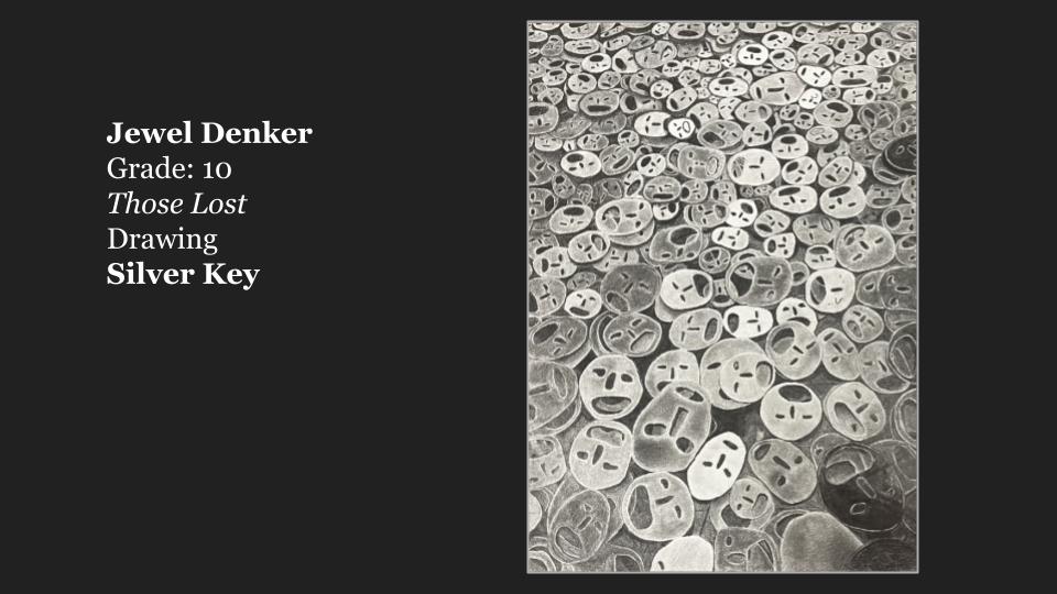A monochromatic drawing titled 'Those Lost' by Jewel Denker, featuring numerous stylized faces scattered across the canvas.