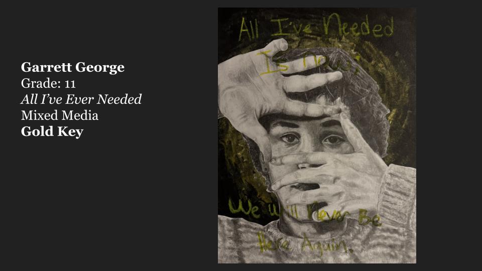 Mixed media artwork titled 'All I've Ever Needed' by Garrett George, featuring a person holding their face with hands and overlaid text.
