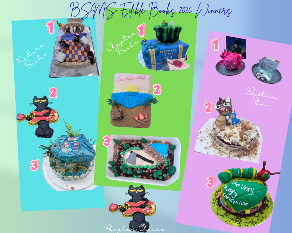 Collage of award-winning edible book creations from BSMS 2026, showcasing decorated cakes and snacks based on children's literature.