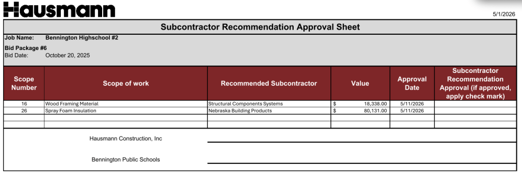 A subcontractor recommendation approval sheet for Bennington Highschool #2, detailing scope numbers, work descriptions, recommended subcontractors, values, and approval dates.