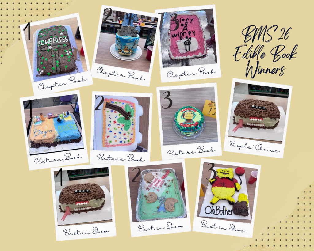 Display of decorated cakes representing winning books from the BMS 26 Edible Book Contest, featuring designs for 'Powerless', 'Percy Jackson', 'Diary of a Wimpy Kid', 'Bingo', and 'Oh, Bother'.