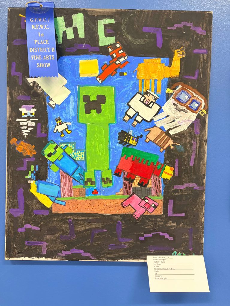A colorful artwork featuring Minecraft characters, including a Creeper, animals, and various blocky figures. The piece has a blue ribbon for first place in a fine arts show.