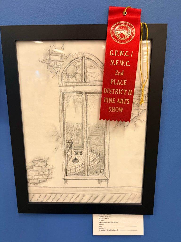 A framed pencil drawing of a window looking out onto a scenic view, with a cracked wall on the left side. The artwork has a red second place ribbon attached, indicating recognition in a fine arts show.