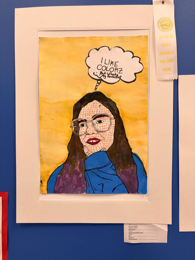 A colorful artistic portrait of a girl with glasses, featuring the text 'I LIKE COL0RZ - But what's my favorite?' in a speech bubble, against a yellow background.