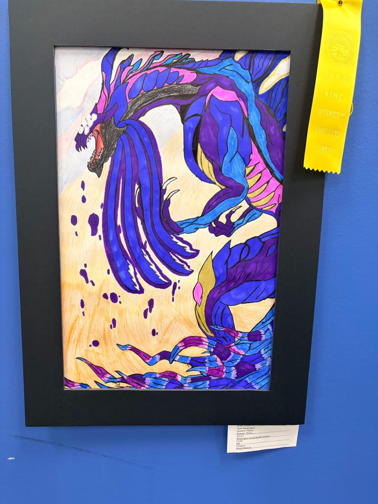 A vibrant, colorful illustration of a dragon-like creature with purple and blue hues, displayed in a black frame, accompanied by a yellow ribbon indicating an award at an art show.