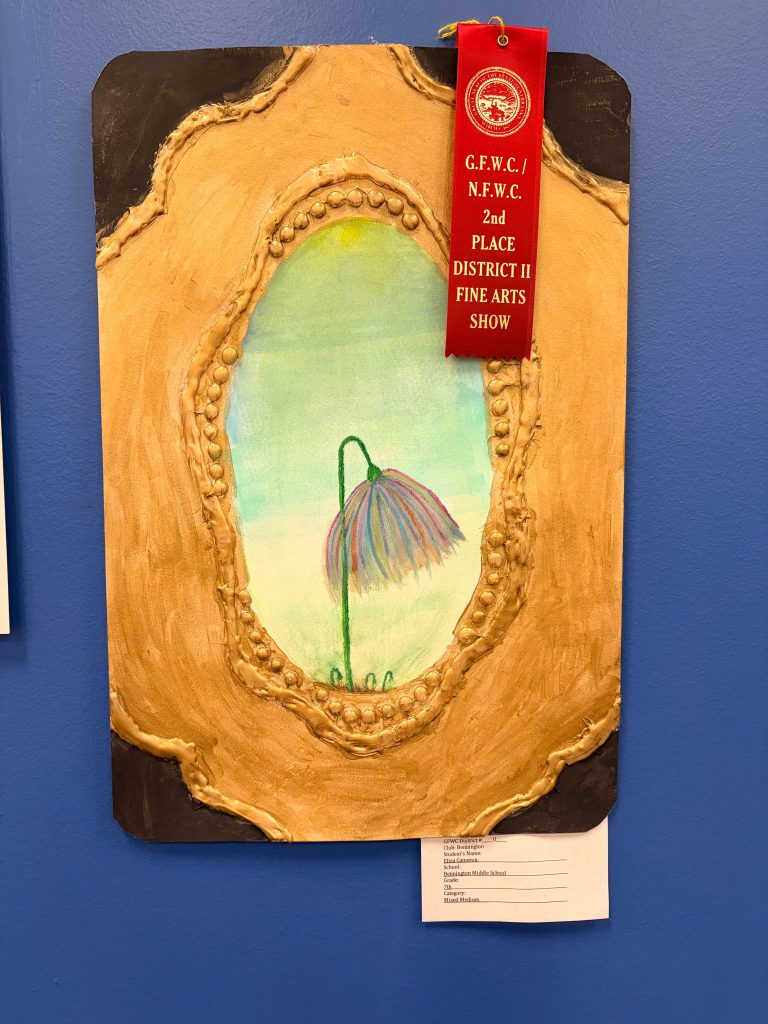 A framed artwork depicting a flower with a purple and pink blossom and a green stem against a light blue background, featuring a ribbon indicating 2nd place in a fine arts show.
