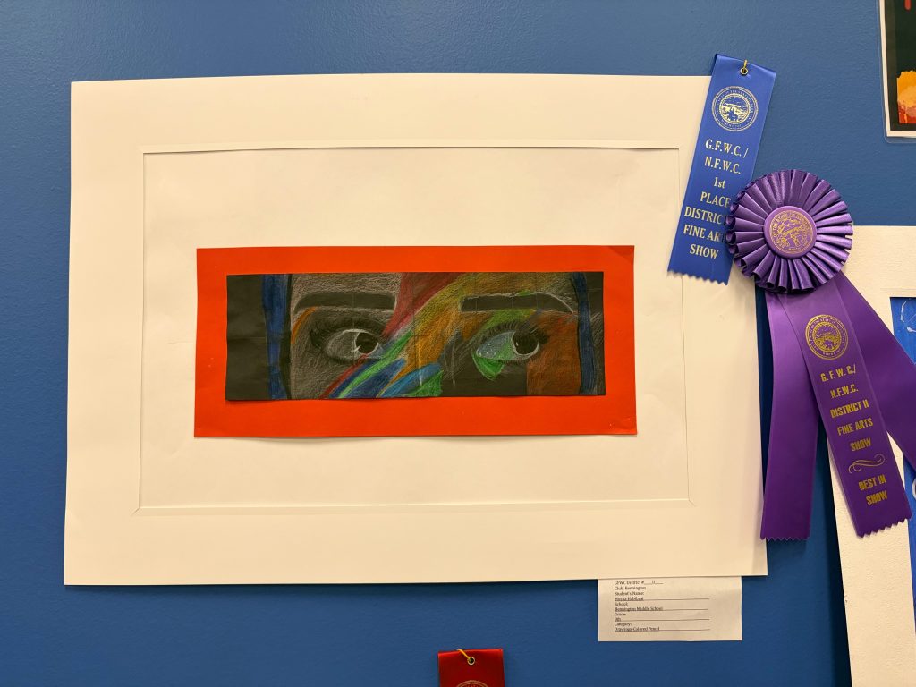 A framed artwork featuring a close-up of eyes with colorful swirls and shades, surrounded by a bright red mat. Blue ribbons indicate 1st place in a district fine arts show.