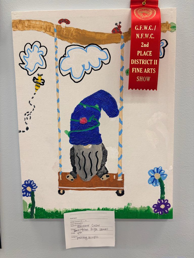 A colorful painting featuring a character wearing a blue hat, sitting on a swing surrounded by clouds, flowers, and a bee. Awarded 2nd place in a fine arts show.
