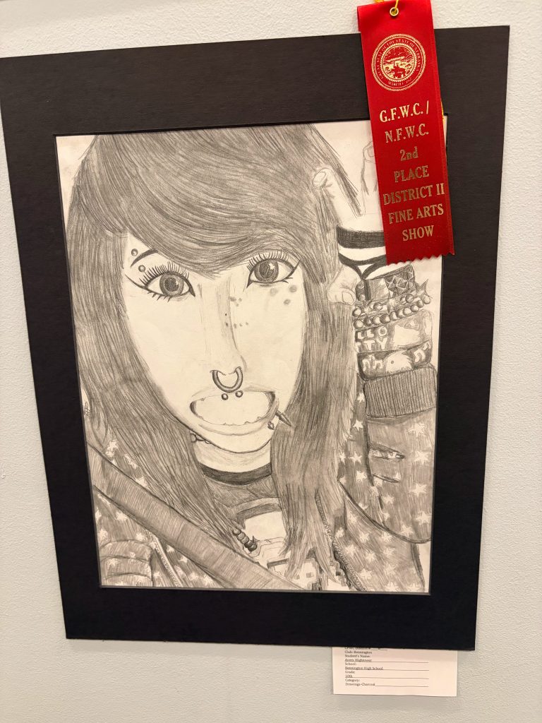 Detailed pencil drawing of a girl with dark hair, showcasing piercings and wearing a patterned outfit, framed with a red ribbon indicating a 2nd place award at an art show.