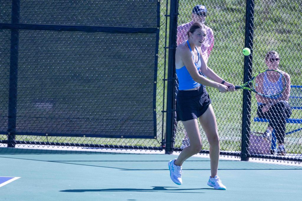 A female tennis player is hitting a ball while playing on a court, with spectators seated in the background.