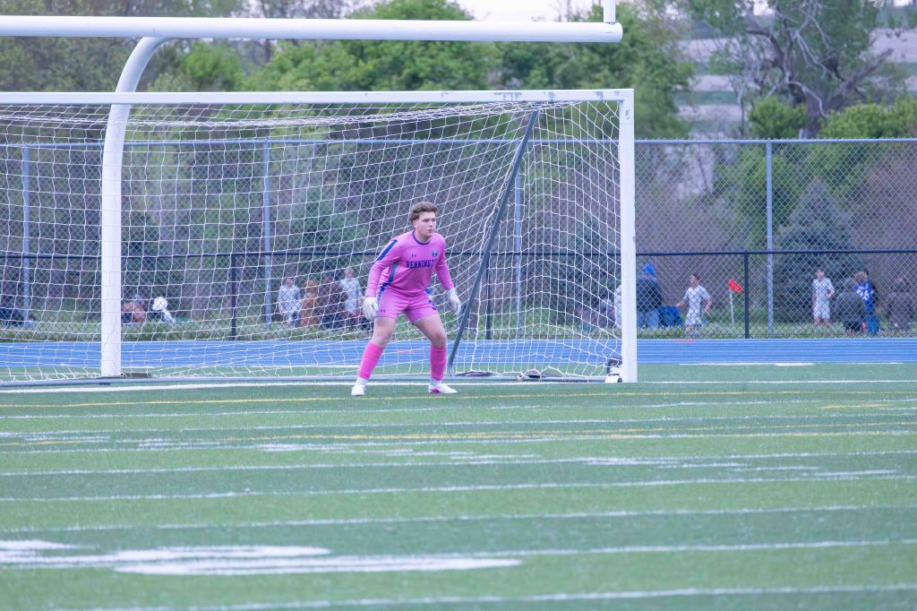 A soccer goalkeeper in a pink uniform is positioned in front of the goal on a grassy field, preparing for play.