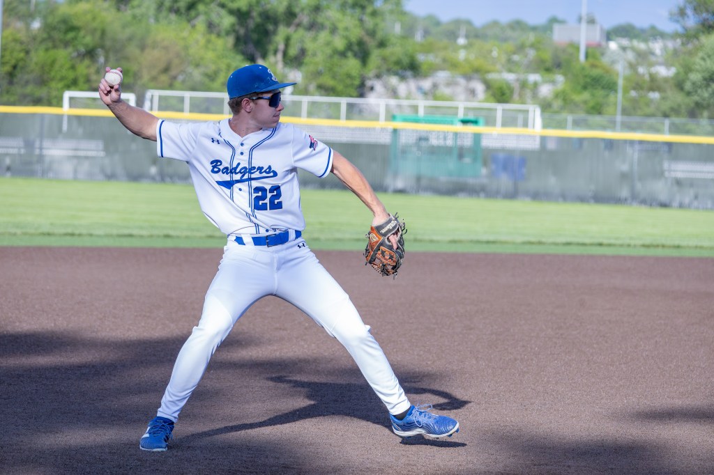 A young baseball player in a white uniform with blue accents is on the field, preparing to throw a baseball. He is wearing sunglasses and a blue cap, with a determined expression on his face.