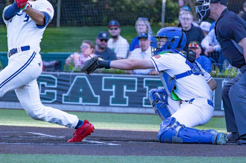 A baseball catcher in protective gear is positioned to receive a pitch, while a batter swings at the ball. The background shows spectators watching the game.
