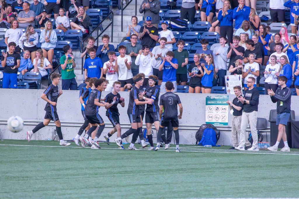 A group of young soccer players celebrates a goal on the field, surrounded by an enthusiastic crowd cheering in the stands.
