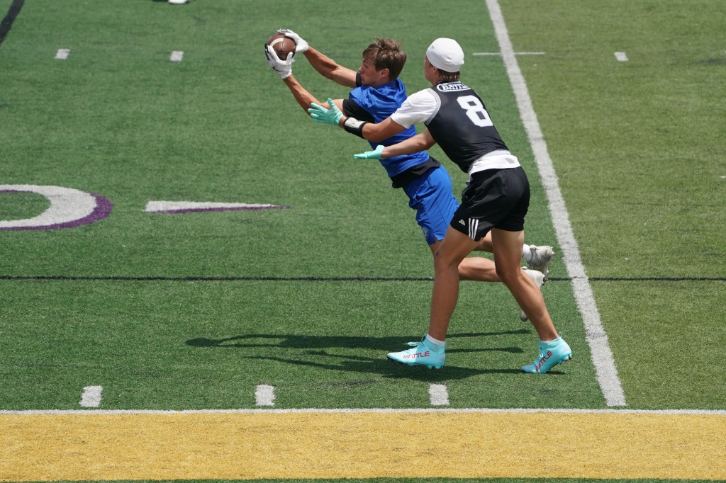 A football player in blue attempts to catch a football while being closely guarded by another player in black, on a green turf field.