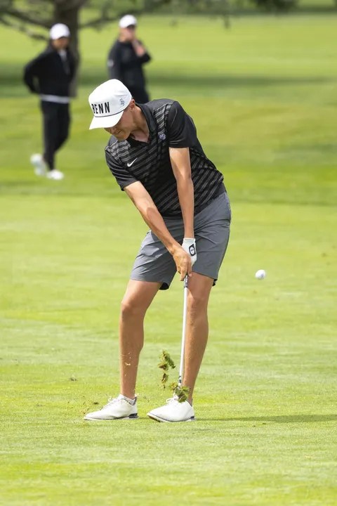 A golfer wearing a black striped shirt and grey shorts swings a club on a lush green golf course, with spectators in the background.