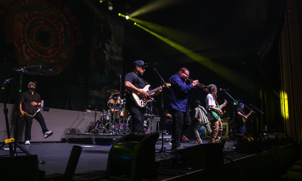 A live music performance featuring a diverse band on stage with various instruments, including guitars, a trumpet, and drums. The stage is illuminated with dynamic lighting, creating an energetic atmosphere.
