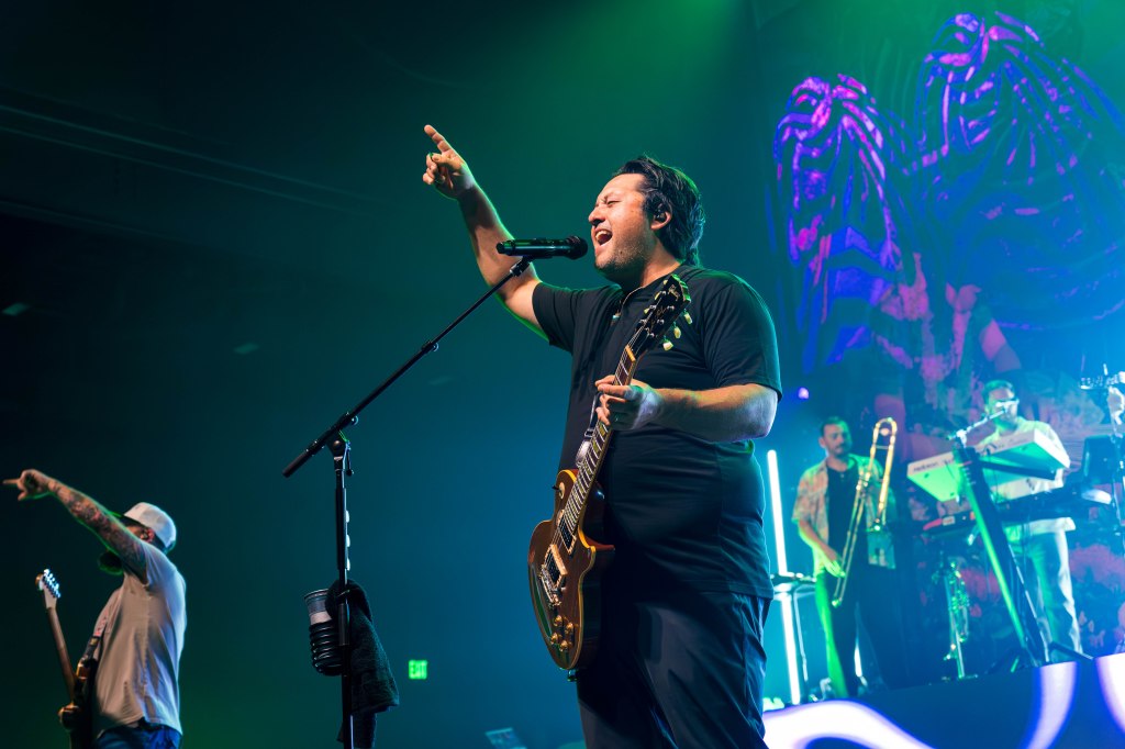 A musician passionately performing on stage with a guitar, singing into a microphone. Band members are seen in the background, playing various instruments with vibrant stage lighting.