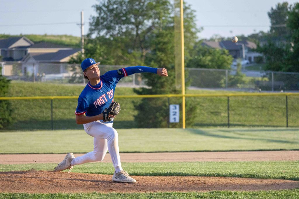 A young baseball player wearing a blue jersey and white pants is in the midst of pitching on a sunny day. The background features a field with green grass and trees, while a baseball is seen in motion towards the batter.