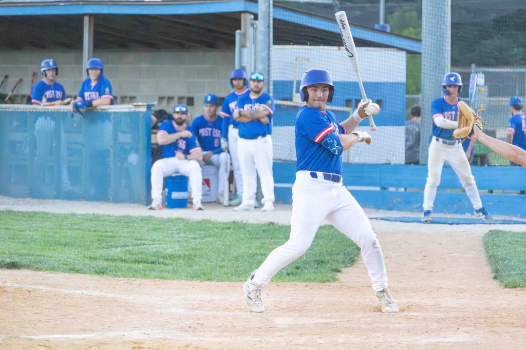 A baseball player prepares to swing a bat at the plate while teammates watch from the dugout in the background.
