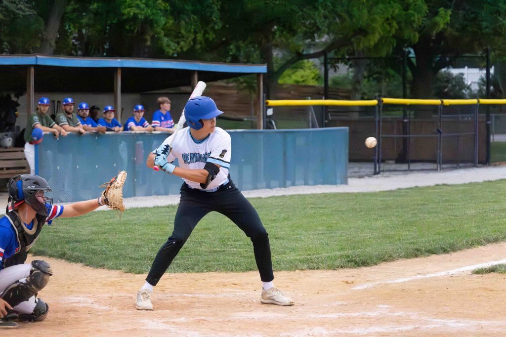 A young baseball player in a white jersey and blue cap stands in the batting stance as a pitch is thrown towards home plate, with a catcher in gear positioned to catch the ball, and teammates watching from the dugout in the background.