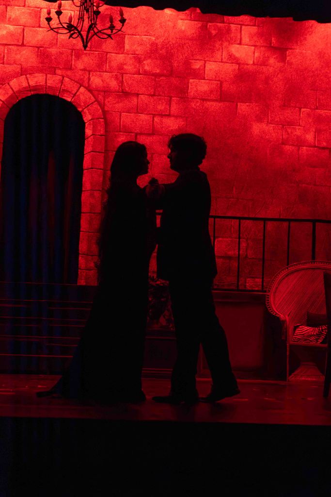 Silhouettes of two actors in a dramatic pose against a red-lit backdrop resembling a stone wall.