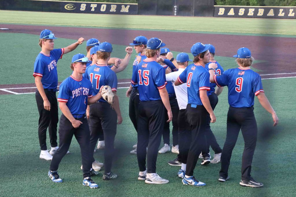 A group of young male baseball players in blue uniforms standing together on a baseball field, celebrating or discussing a play. The field features green turf and a black and gold background with the word 'STORM'.