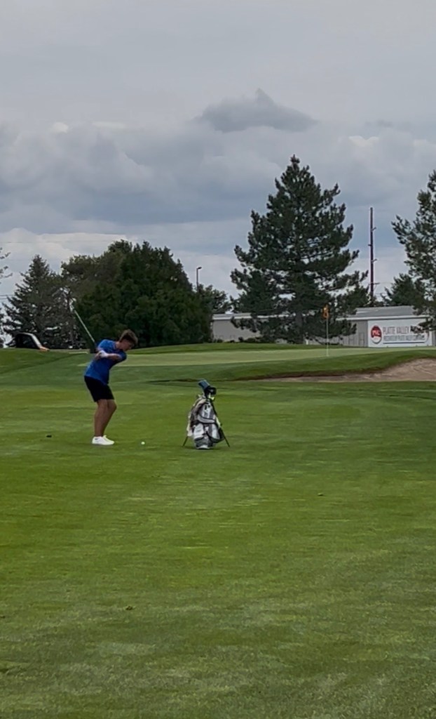 A golfer wearing a blue shirt prepares to hit a shot on a golf course, with a golf bag in the foreground and trees in the background under a cloudy sky.