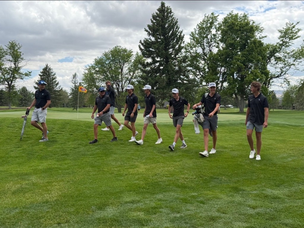 A group of six golfers walking on a lush green golf course, with trees in the background and a flag in the distance.