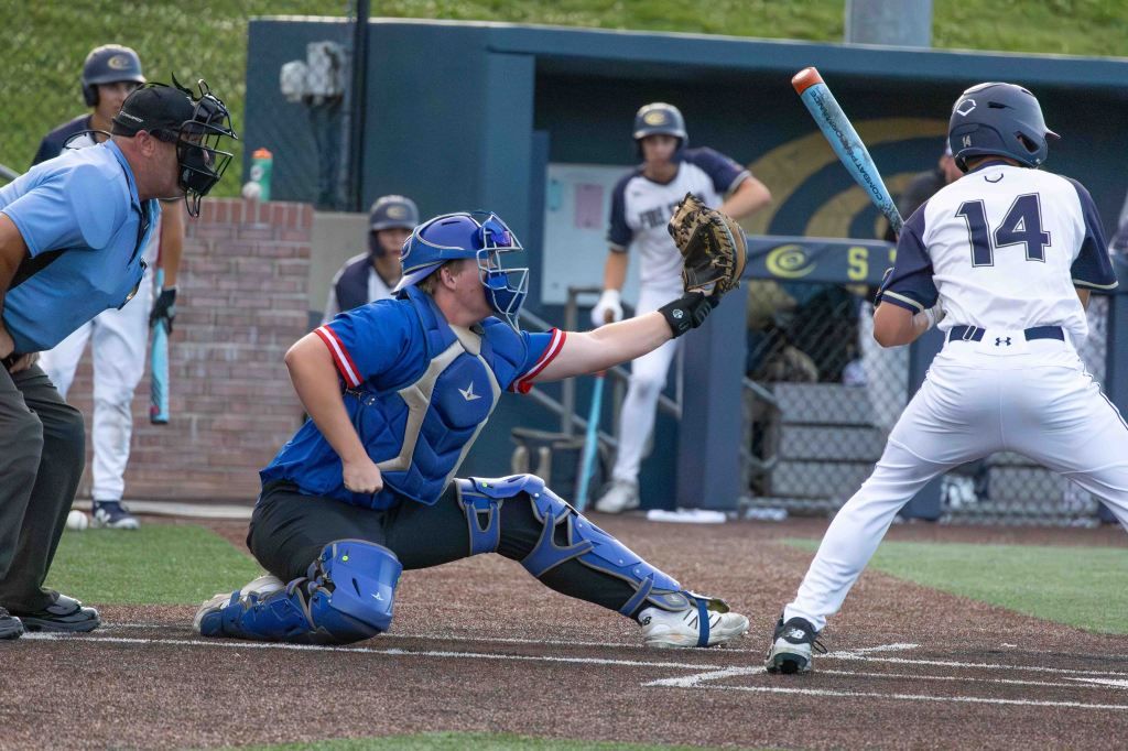 A baseball game scene featuring a catcher in blue gear preparing to receive a pitch, an umpire in blue officiating, and a batter in white and navy with the number 14 at the plate, while other players are visible in the background.