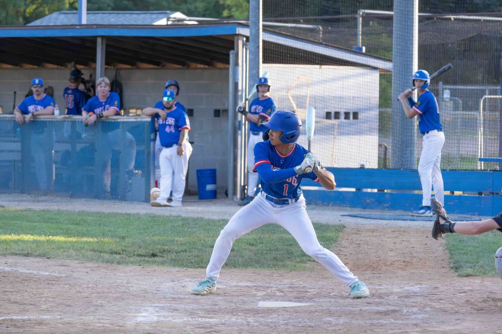 A young baseball player in a blue jersey and white pants stands at home plate ready to bat, with teammates in the dugout in the background.