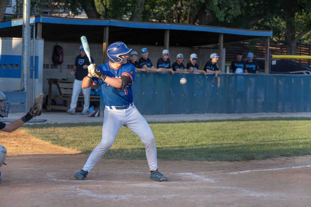 A young baseball player in blue uniform is preparing to hit a pitch during a game, while a catcher crouches behind home plate and teammates watch from the dugout in the background.