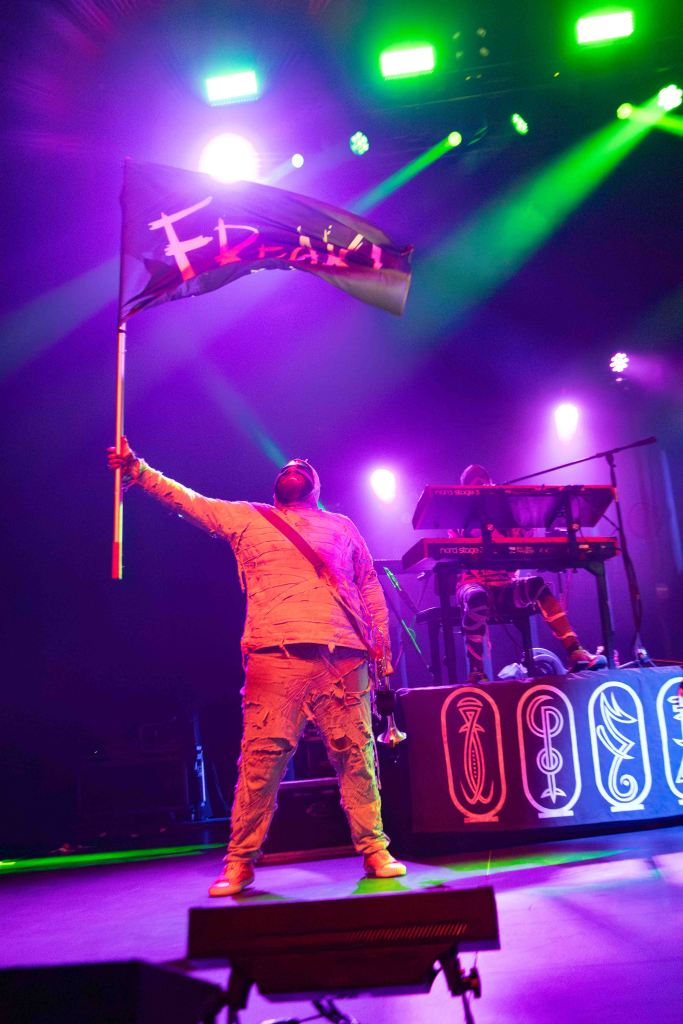 A performer on stage holding a flag with the word 'Freak' while raising their arm, illuminated by colorful stage lights.