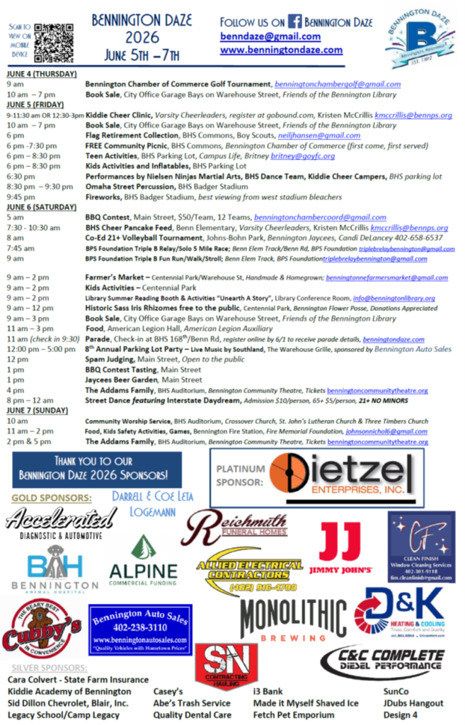 Event schedule for Bennington Daze 2026, featuring activities from June 5th to 7th, including a golf tournament, book sales, community picnic, performances, BBQ contest, and various family activities.