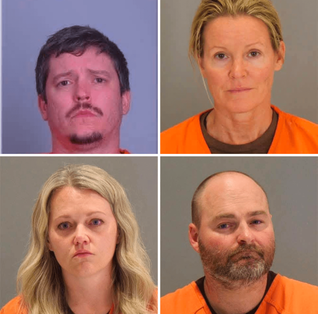 Four mugshots of individuals in orange prison uniforms, two men on the top row and two women on the bottom row, set against a neutral background.