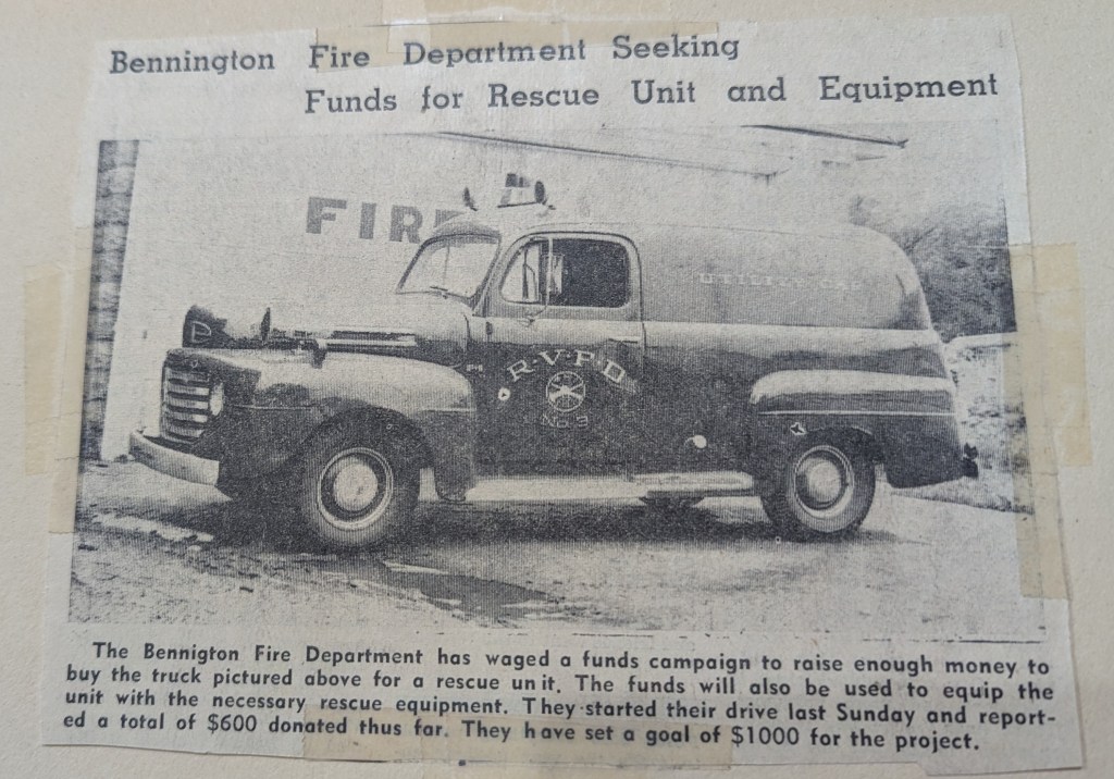 Black and white image of an old fire truck with the text 'Bennington Fire Department Seeking Funds for Rescue Unit and Equipment'. The truck, labeled 'RVFD No. 3', is parked beside a building.