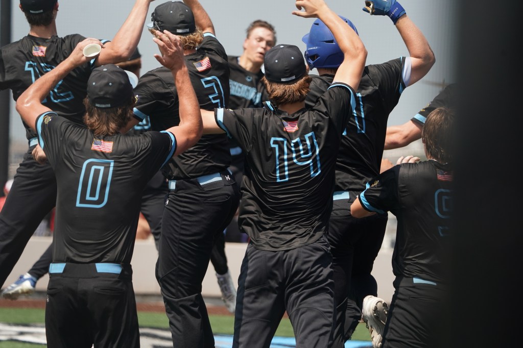 A group of baseball players in black uniforms celebrating a play on the field. Team members are high-fiving and cheering enthusiastically, with one player prominently displaying the number 14 on his back.