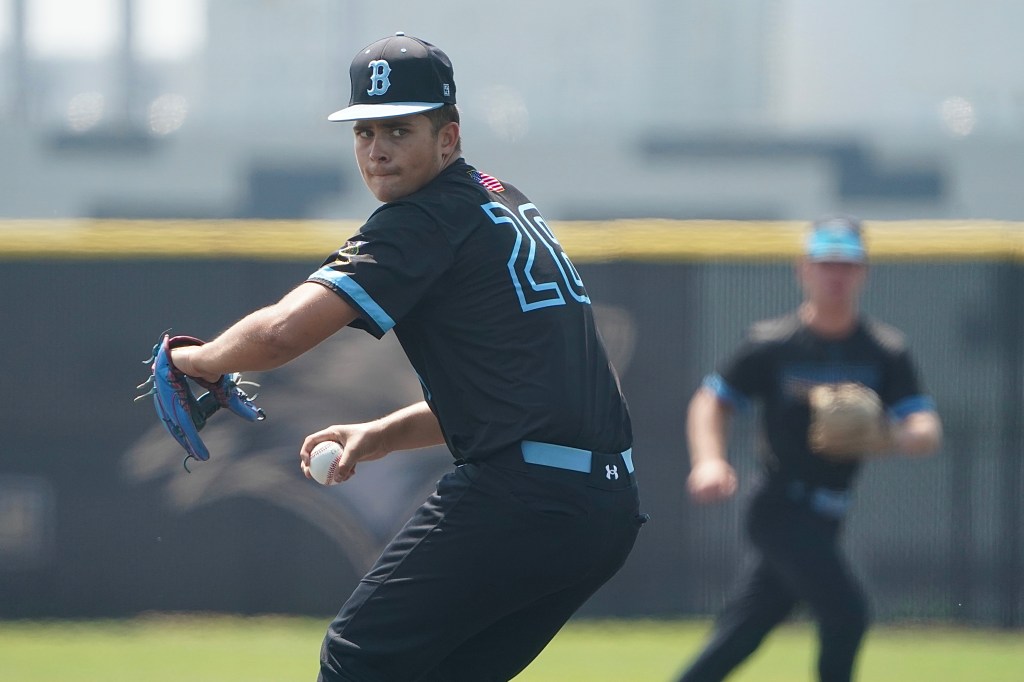Baseball player in a black uniform with the number 20, winding up to pitch, with another player in the background preparing for a play.
