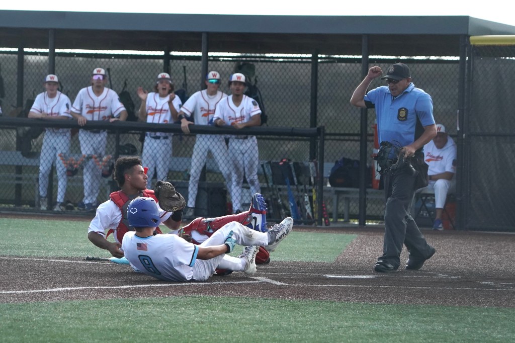 A baseball play at home plate with a runner sliding in, while the catcher prepares to catch the ball. An umpire is signaling a call while players in the background react.