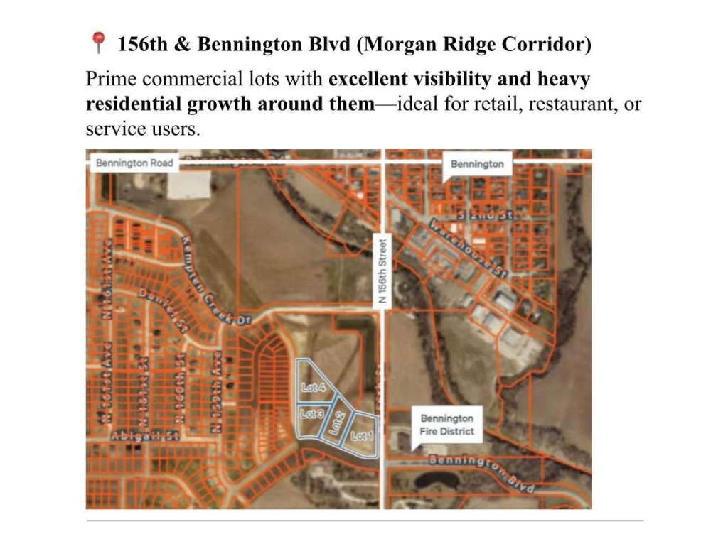 Map showing the intersection of 156th and Bennington Boulevard, highlighting prime commercial lots ideal for retail and restaurant use, with residential growth in the surrounding area.