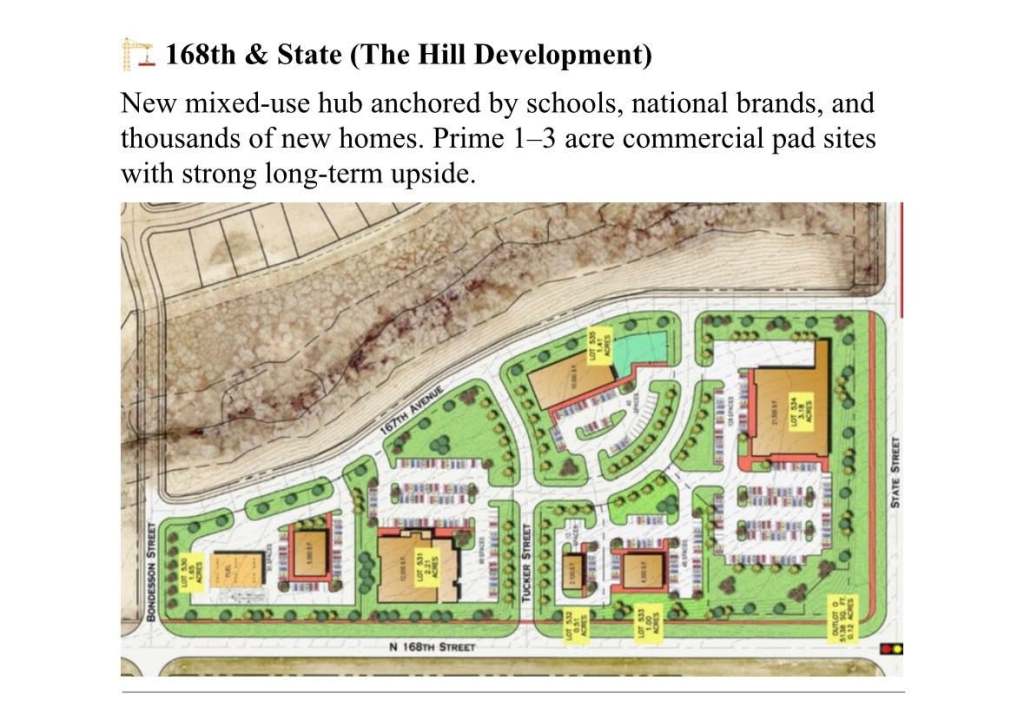 Map of the 168th & State Development, featuring a mixed-use hub with various buildings and green spaces, highlighting commercial pad sites and nearby amenities.