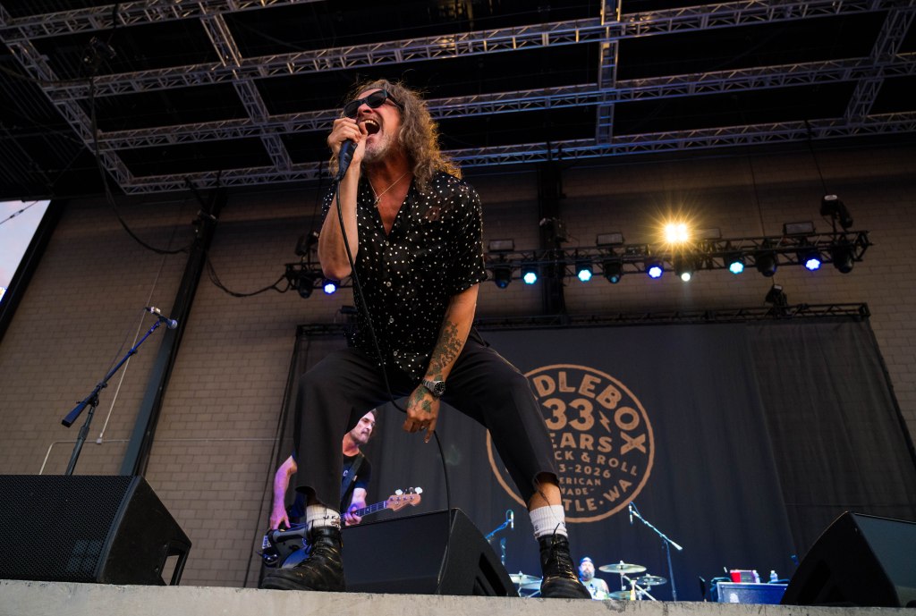 A musician performing passionately on stage, wearing sunglasses and a patterned shirt, with a band in the background and concert lighting.
